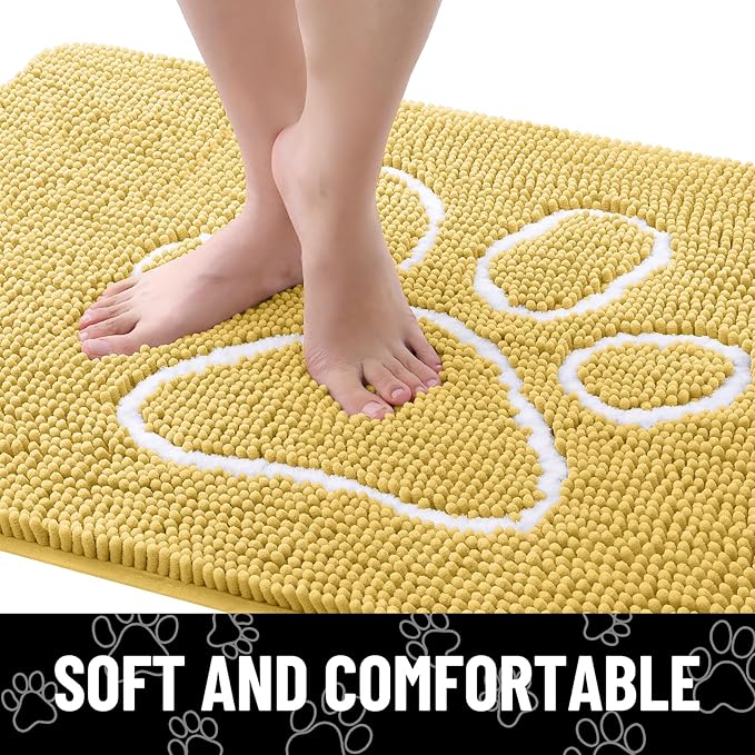 Smiry Dog Door Mat for Muddy Paws, Absorbent Dirt Trapper Non Slip Quick Dry Washable Chenille Mat for Mud Dogs, Entry Rug for Indoor and Outdoor (48x30 Inches, Yellow and White)