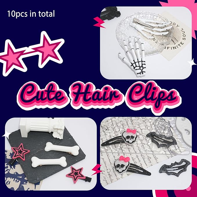 10PCS Y2K Hair Clips Punk Halloween Hair Clip Pastel Goth 90s Ghost Spider Star Skeleton Spooky Hair Accessories for Women Girls