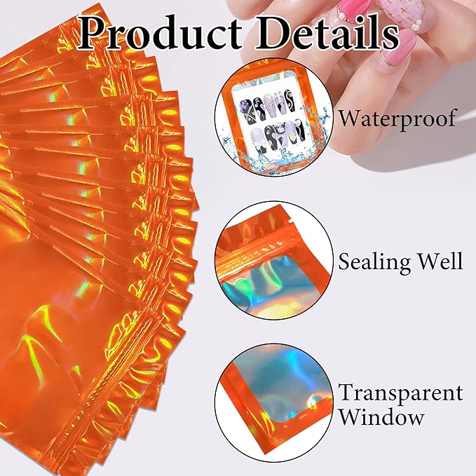 Qenk 100PCS Empty Holographic Nail Storage Bag Press on Nail Packaging Bag and 100PCS Shiny white cardboard Nail Tips Packaging Bags with 1 Roll Transparent Tape (Orange)