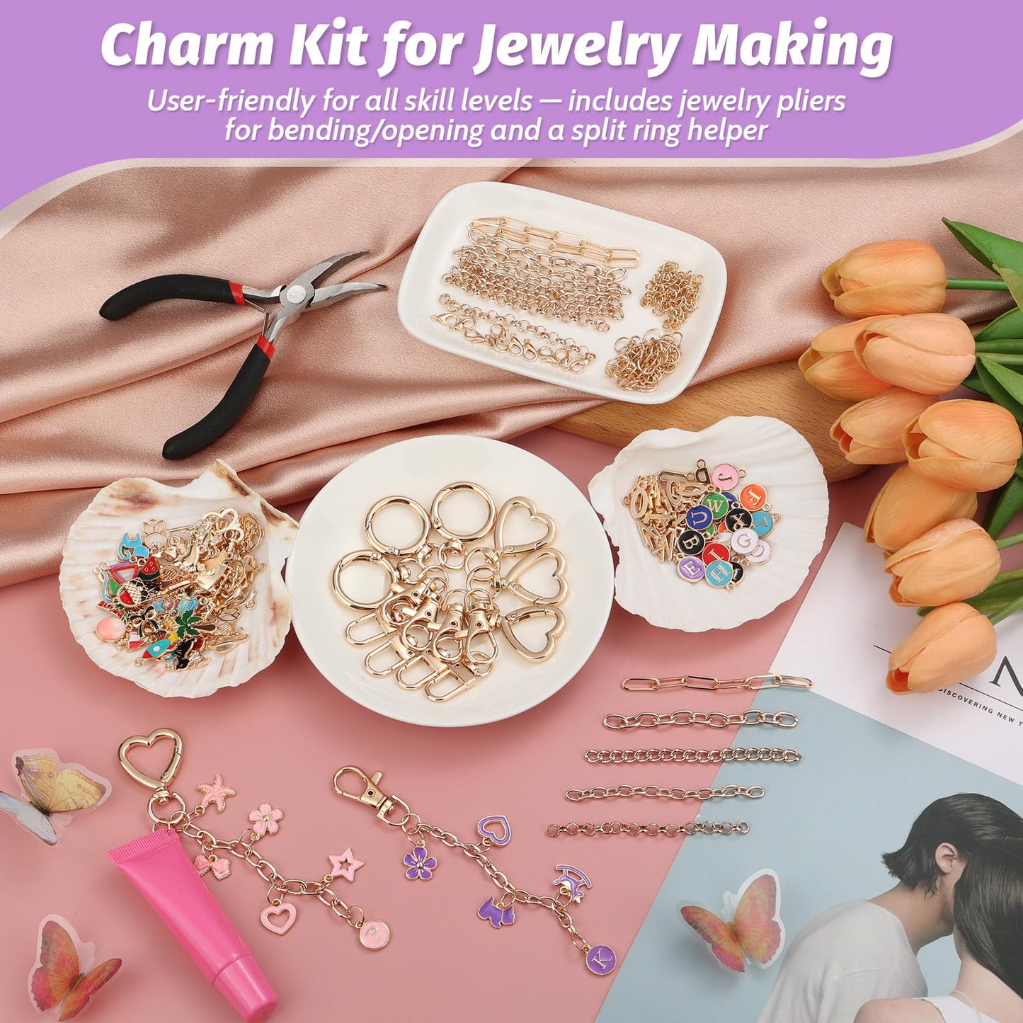 selizo 404Pcs Charms Lip Gloss Keychain Making Kit, DIY Craft Supplies with Charms, Key Chain Hooks, Jump Rings, Lobster Clasps, Chains, Jewelry Making Kit for Custom Keychains, Bags, Valentines Gifts