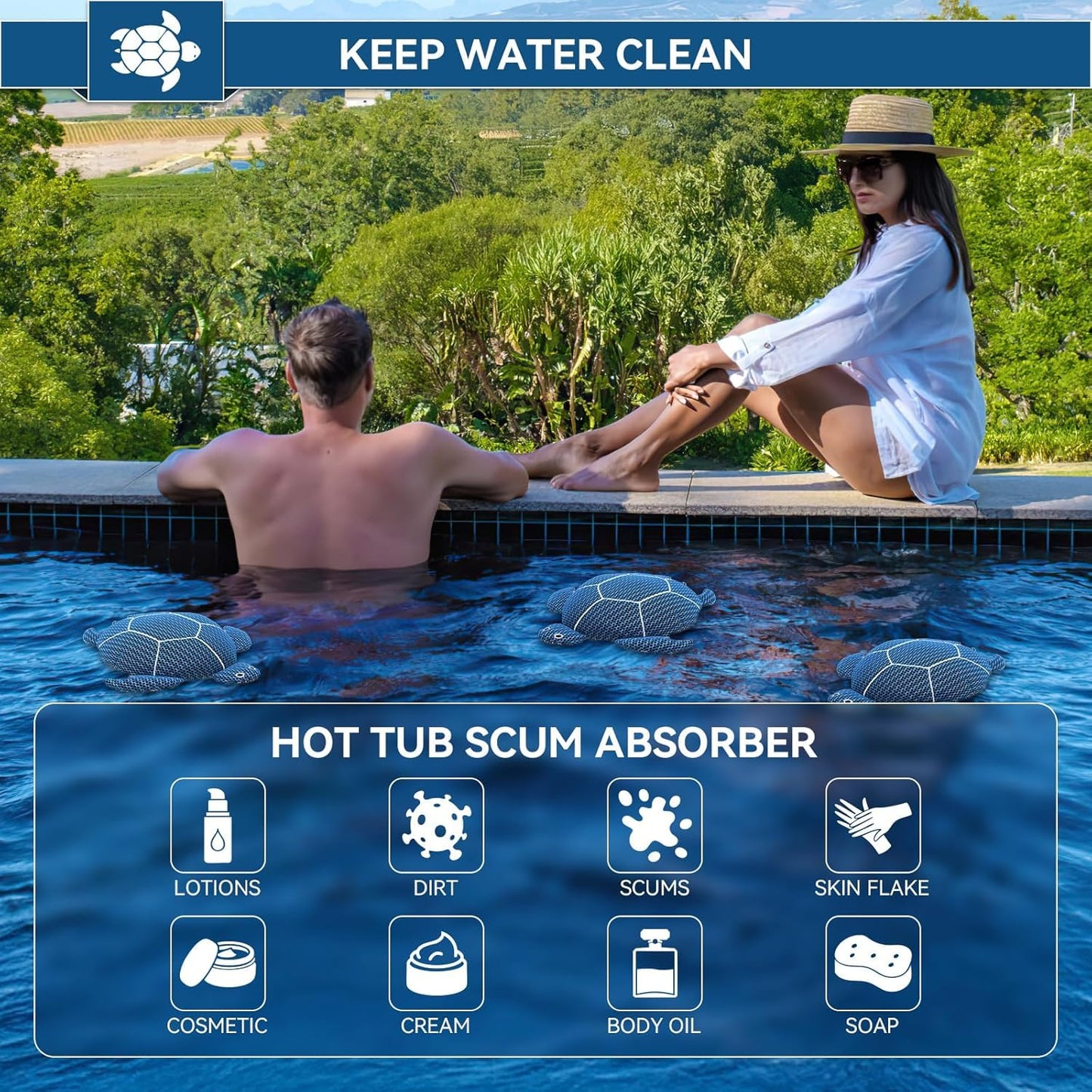 DONJOP 6 Inches Hot Tub Scum Absorber,Hot Tub Sponge for Scum Reusable Spa & Pool Cleaner Hot Tub Oil Absorbing Scum Absorber Keeps Water Clean,Eliminates Scum & Dirt,Blue,2 Pack