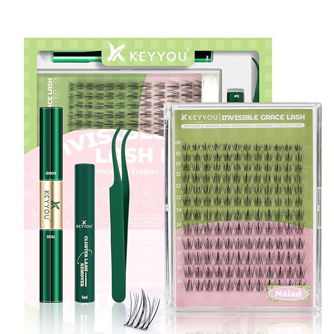 KEYYOU Naiad Lash Clusters Kit Fairy Lash Extension Kit C Curl 144Pcs Eyelash Extension Kit Wispy Natural Invisible Band Lash Kit with Waterproof DIY Lash Extension Kit at Home(Naiad-C-8-16MIX)