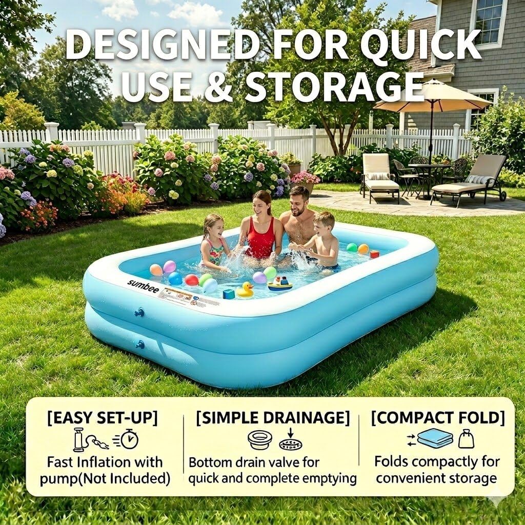 Sumbee Inflatable Pool for Kids and Adults, 103" x 69" x 20" Oversized Thickened Blow Up Swimming Family Pool for Toddlers Outdoor Patio Backyard Garden Deck Summer Party, Full Size Rectangular Blue