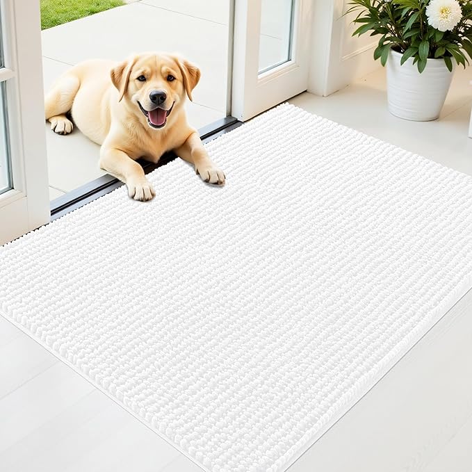 OLANLY Dog Door Mat for Muddy Paws 40x32, Ultra Absorbent Chenille Mud Doormat, Non-Slip Washable and Dirt Trapping Doormat for Indoor Entryway, Quick-Dry Indoor Pet Bed Mats for Dogs, White