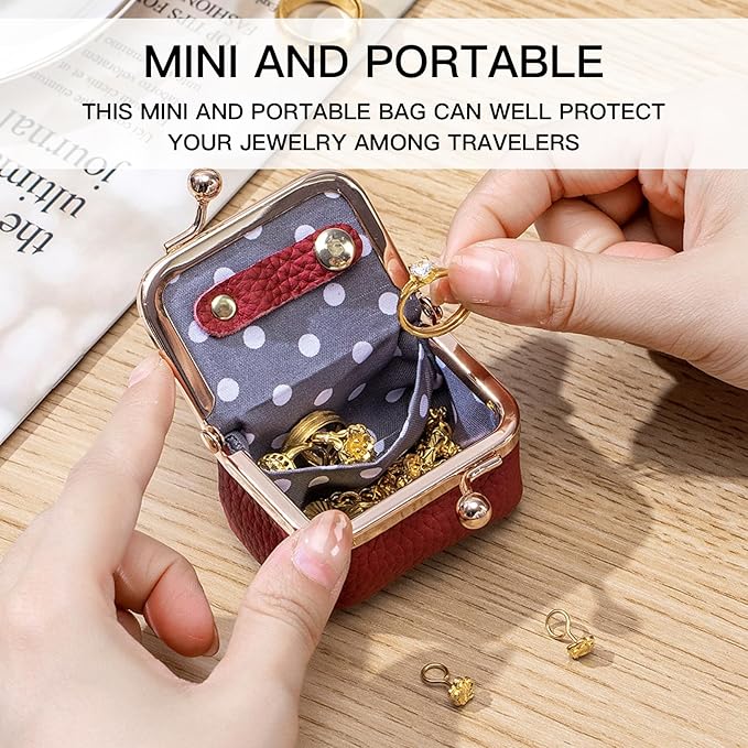 Genuine Leather Mini Jewelry Box - Vintage-Inspired Small Travel Jewelry Case with Kiss Lock | Compact Ring Box for Women | Holds Earrings, Rings, Necklaces, Bracelets (White S 2.56in)