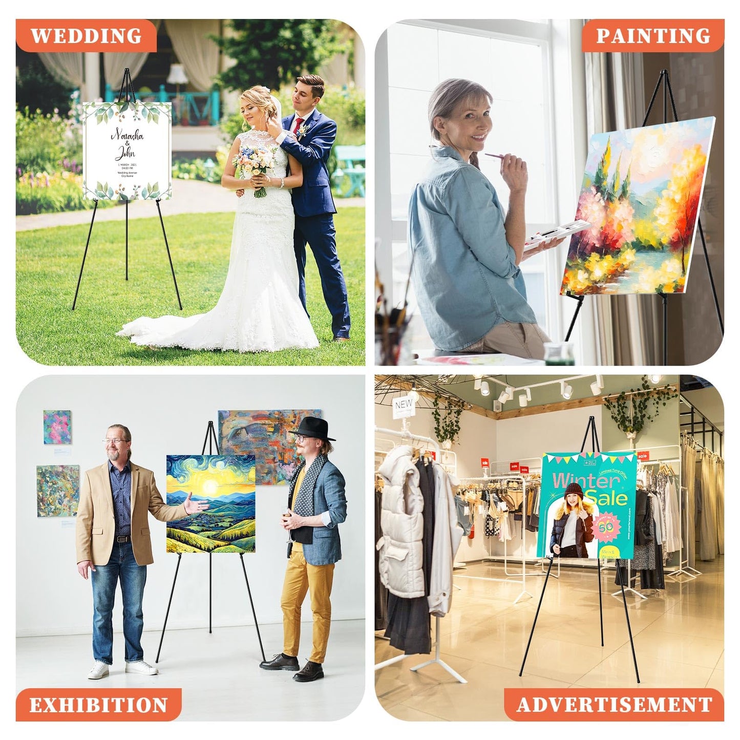 Easel Stand for Sign, 63" Portable Easels Stand for Display, Lightweight Adjustable Tripod Art Easel Stand for Wedding Sign, Black Metal Painting Easel with Portable Bags (2 Pack)