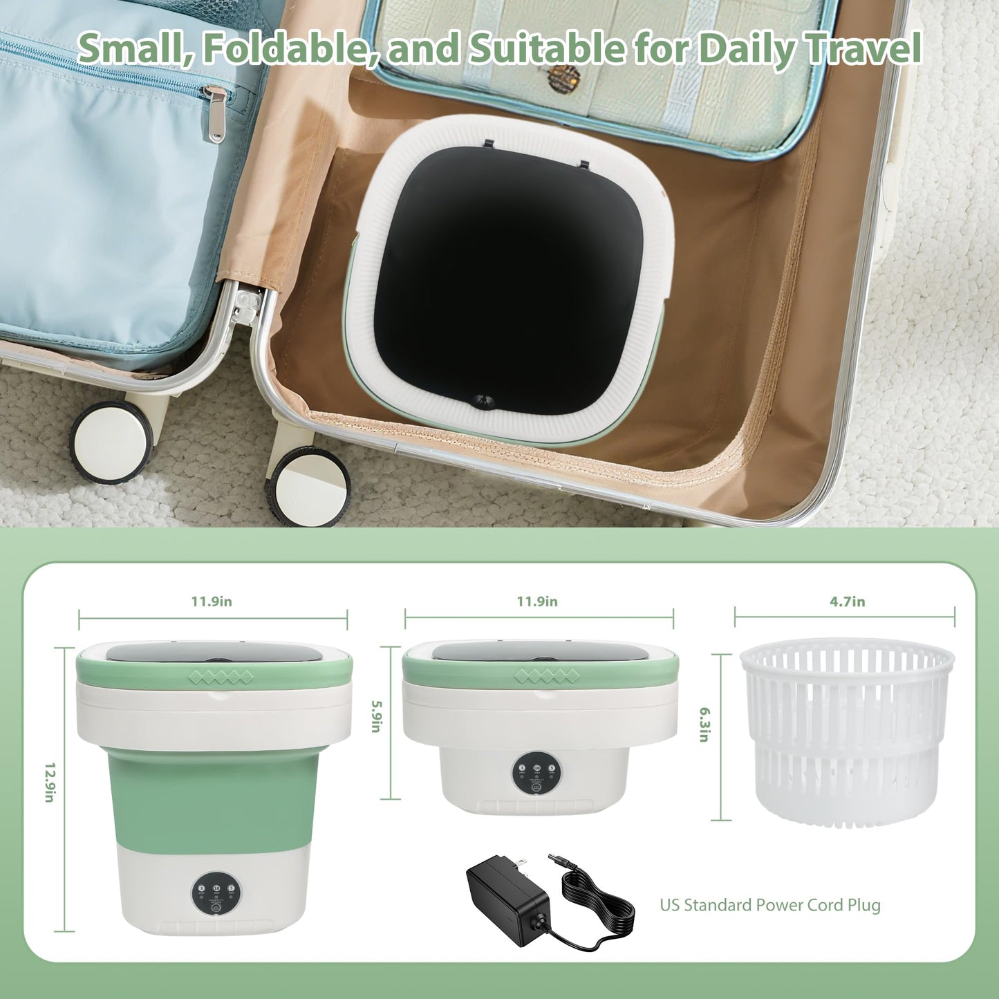 Portable Washing Machine 17L, Foldable Mini Washer with Spin Dryer, 3 Cleaning Modes for Baby Clothes, Underwear & Socks, Compact Laundry Machine for Travel, Dorms & Camping