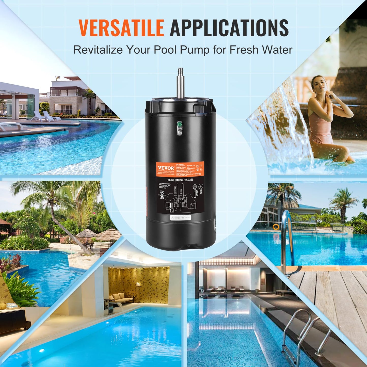 VEVOR 1.5 HP Pool Pump Motor, 56J Frame, 115V(13.6 Amps)/230V(6.8 Amps) 3450 RPM, 60Hz, 1.3 Service Factor, 90μF/250V Capacitor, CCW Rotation Round Flange Replacement Motor
