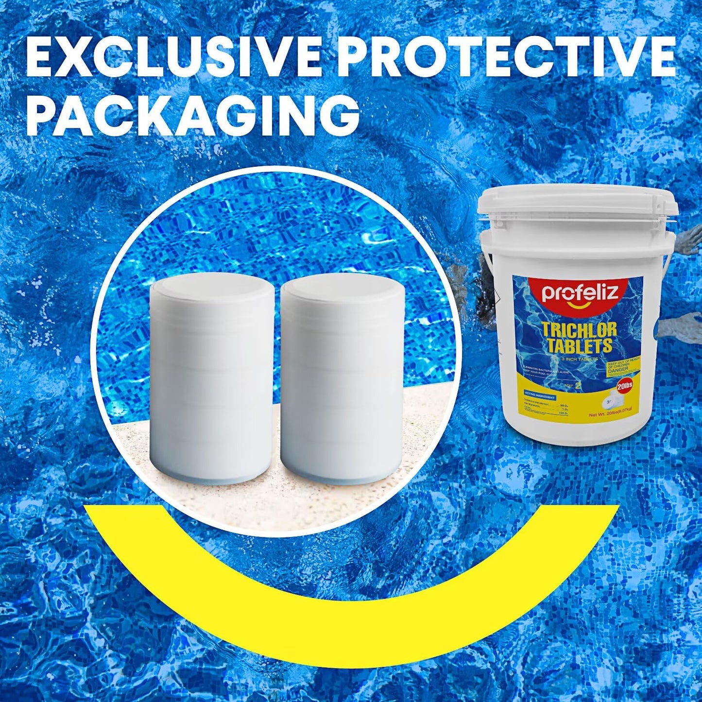 PROFELIZ Chlorine Tablets 3 Inch for Swimming Pools, Kills Bacteria and Stops Algae, Slow Dissolving,Exclusive Protective Packaging,Pool Chlorine Tablets,20lbs