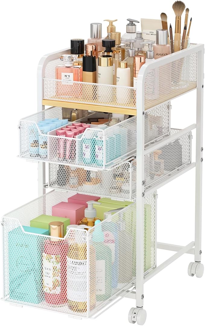 Hongtamoya Rolling Makeup Cart Organizer with 3 Drawers, Narrow Floor Skincare Organizers, Vanity Organizer Cosmetics Display Cases Holder for Skin Care Nail Polish Perfume Makeup Brush, White