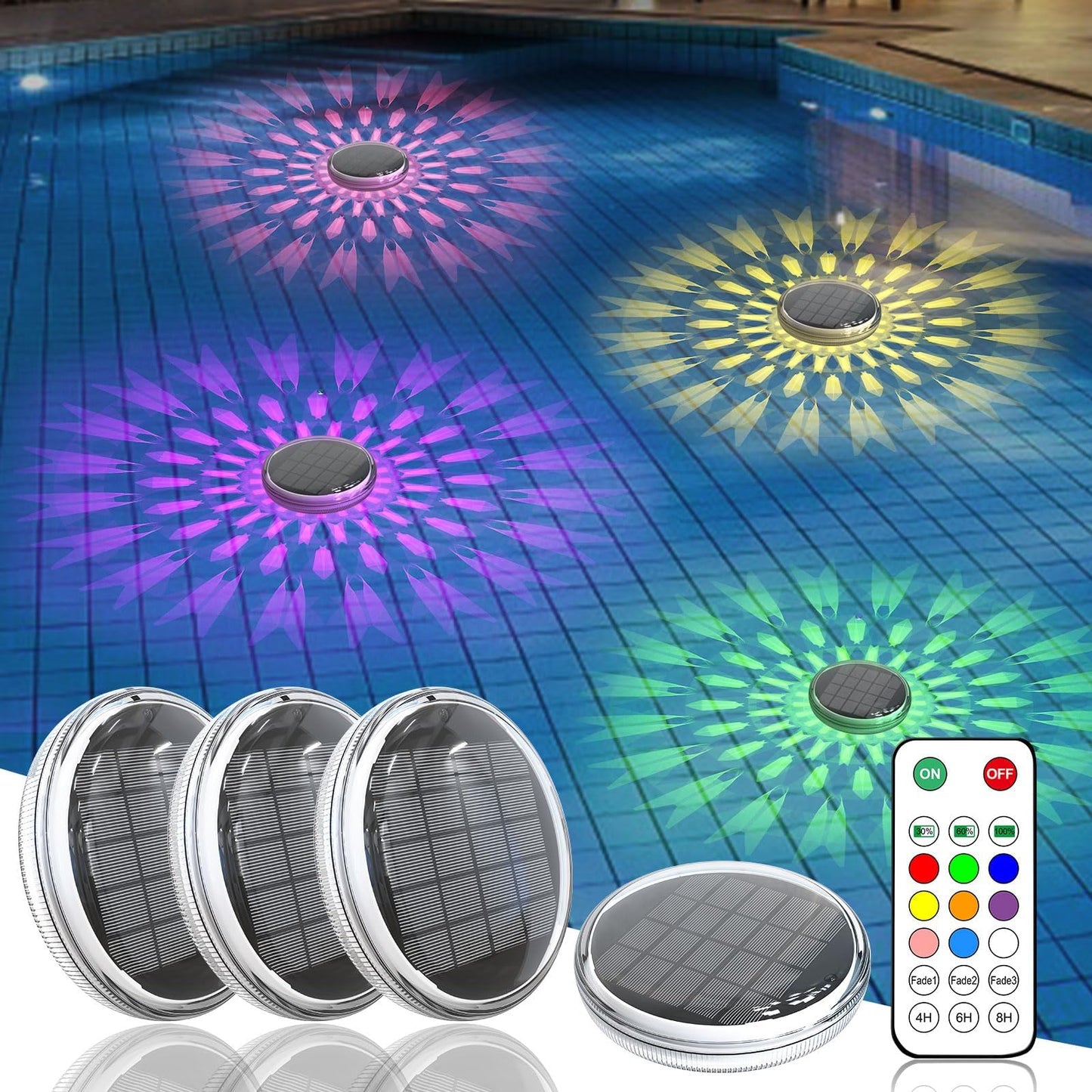 Solar Powered Floating Pool Lights(4 Pack), Pool Lights That Float with Remote Control, 12 Lighting, Timing Mode, IP67 Waterproof for Inground/Above Ground Pool, Pool Party, Bathroom, Bathtub, Garden