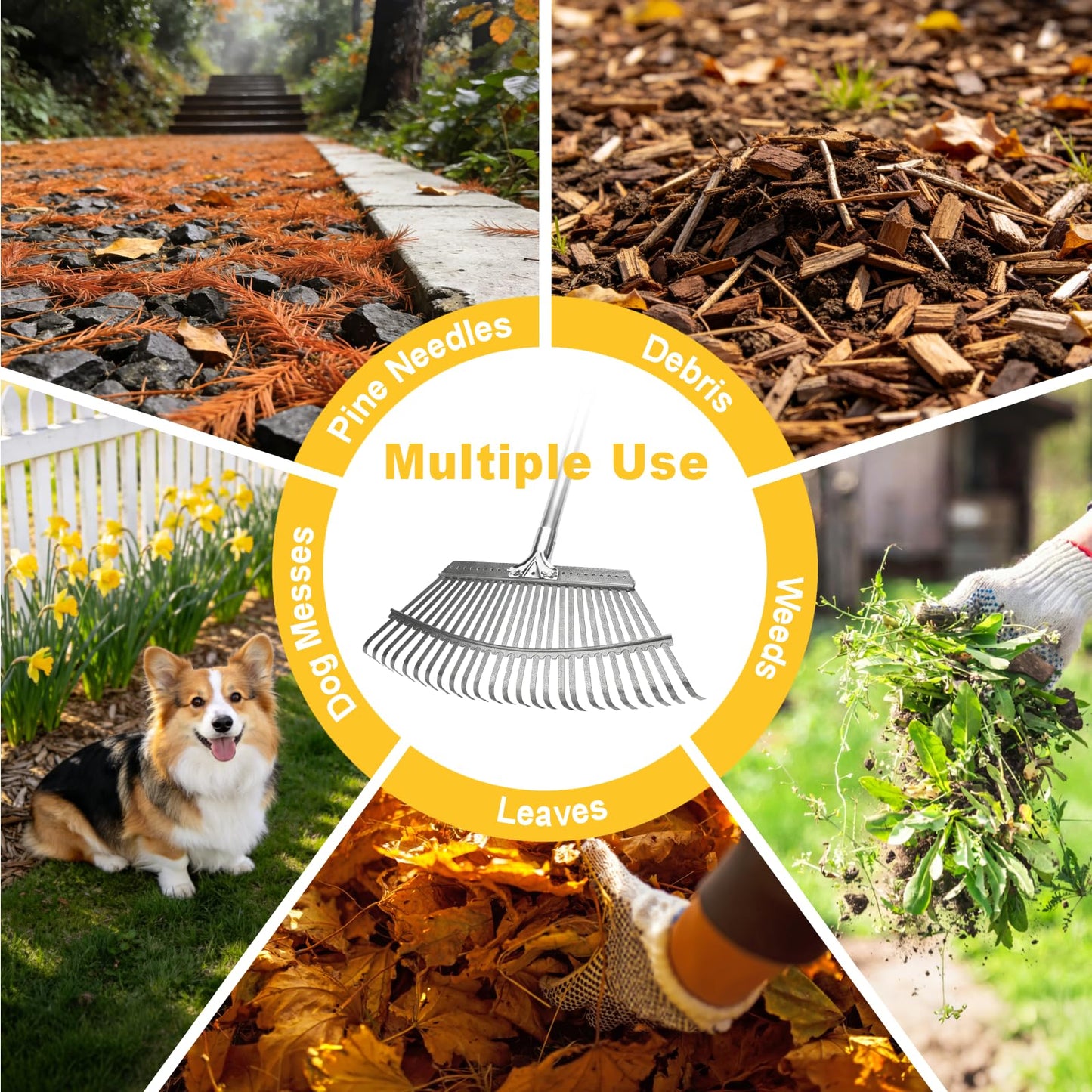ARTIPOLY Adjustable Leaf Rake, 18-Inch Wide Heavy Duty Garden Rake with 62-Inch Long Handle, Large Metal Leaf Rake for Lawn Yard Grass, Flower Beds, Outdoor Use, Rastrillo para Jardin