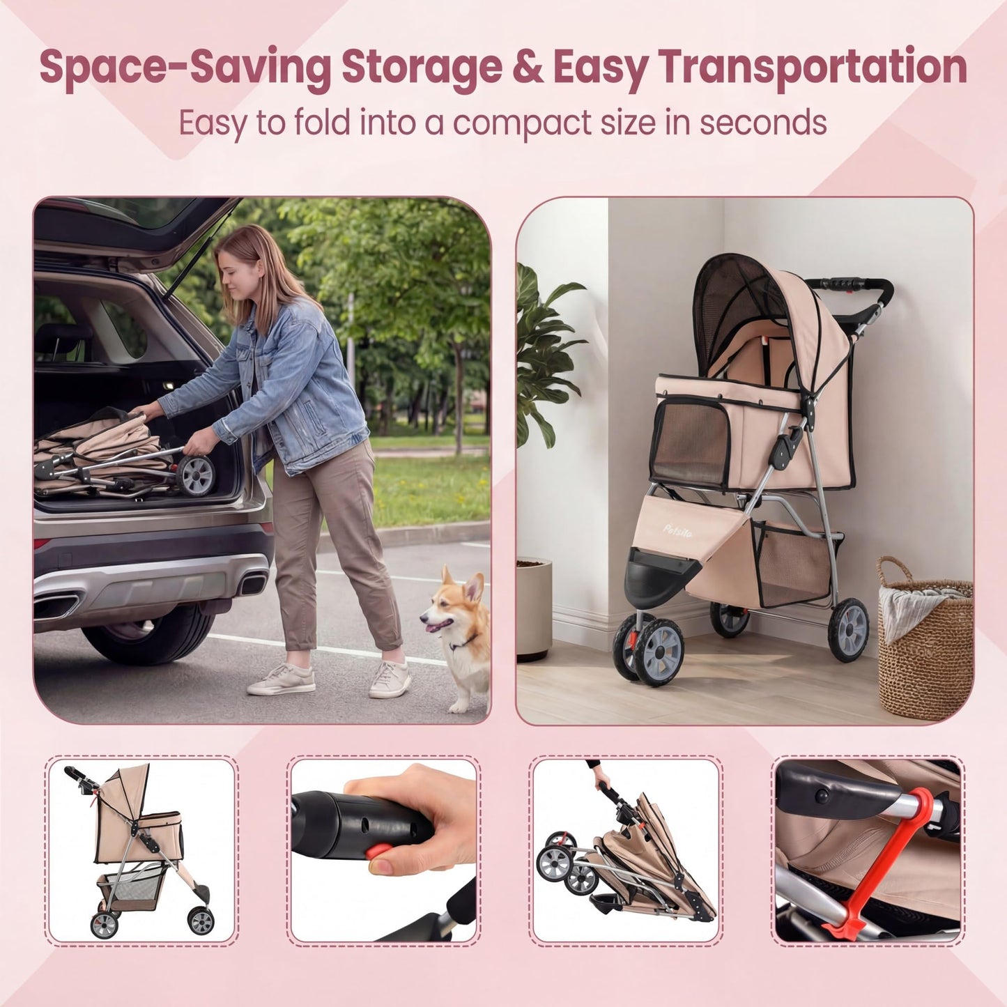 Giantex 3 Wheel Foldable Dog Stroller for Small Dogs Cats, Lightweight Pet Stroller with Lockable Wheels, One-Hand Quick Fold, Mesh Windows, Safety Leash & Storage Basket, Pet Travel Stroller (Beige)