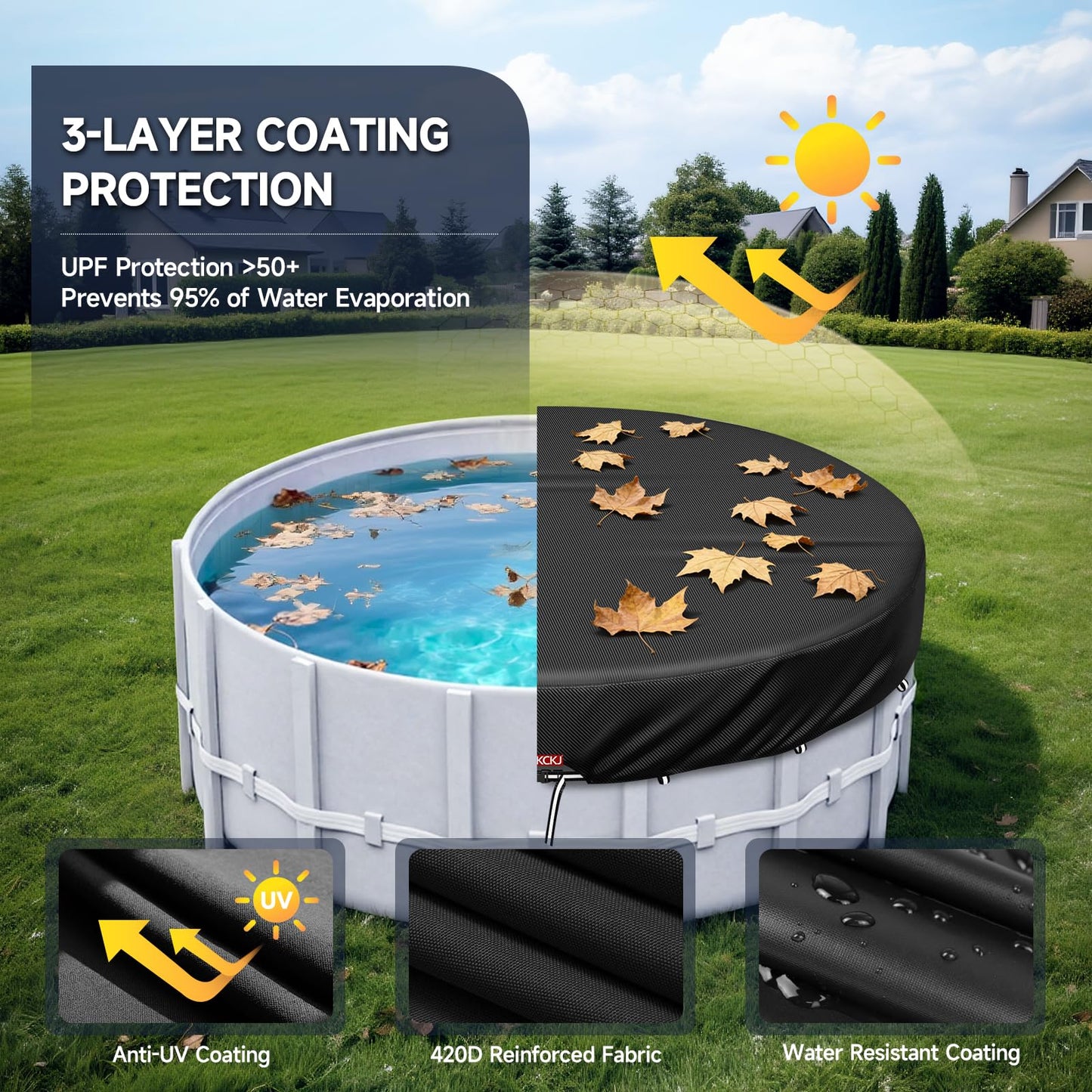 LXKCKJ 9 Ft Round Pool Cover, Solar Covers for Above Ground Pools, Stock Tank Pool Cover Protector with Accessories, Round Hot Tub Covers Ideal for Waterproof and Dustproof (Black)