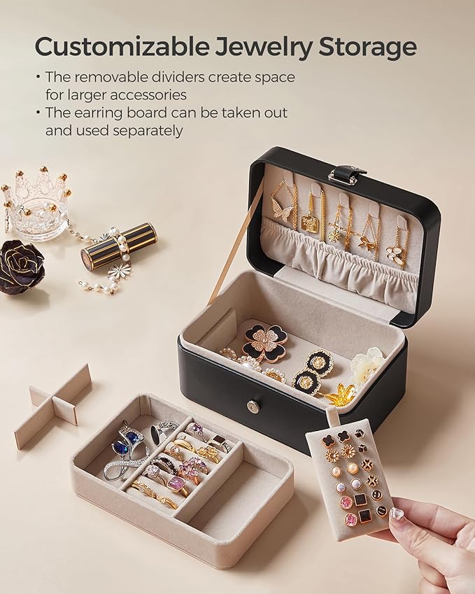 SONGMICS Jewelry Organizer Box, Travel Jewelry Case, 2-Layer Travel Case for Earrings, Necklaces, Bracelets - Portable Jewelry Storage with Large Capacity, Gift Idea, Ink Black UJBC166B01