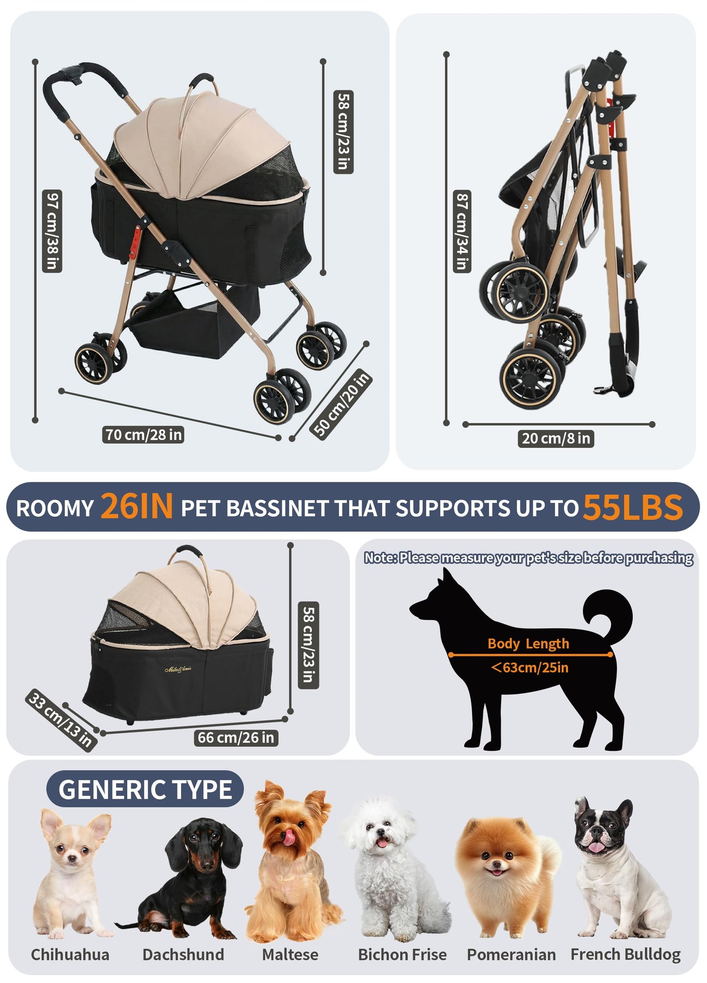 MILA&LOUIS Dog Stroller Pet Stroller for Medium Dogs Durable PU 4-Wheel Dog Strollers for Small Dogs Lightweight Foldable Dog and Cat Stroller Dog Stroller for Dog 55 Lbs with Cup Holder