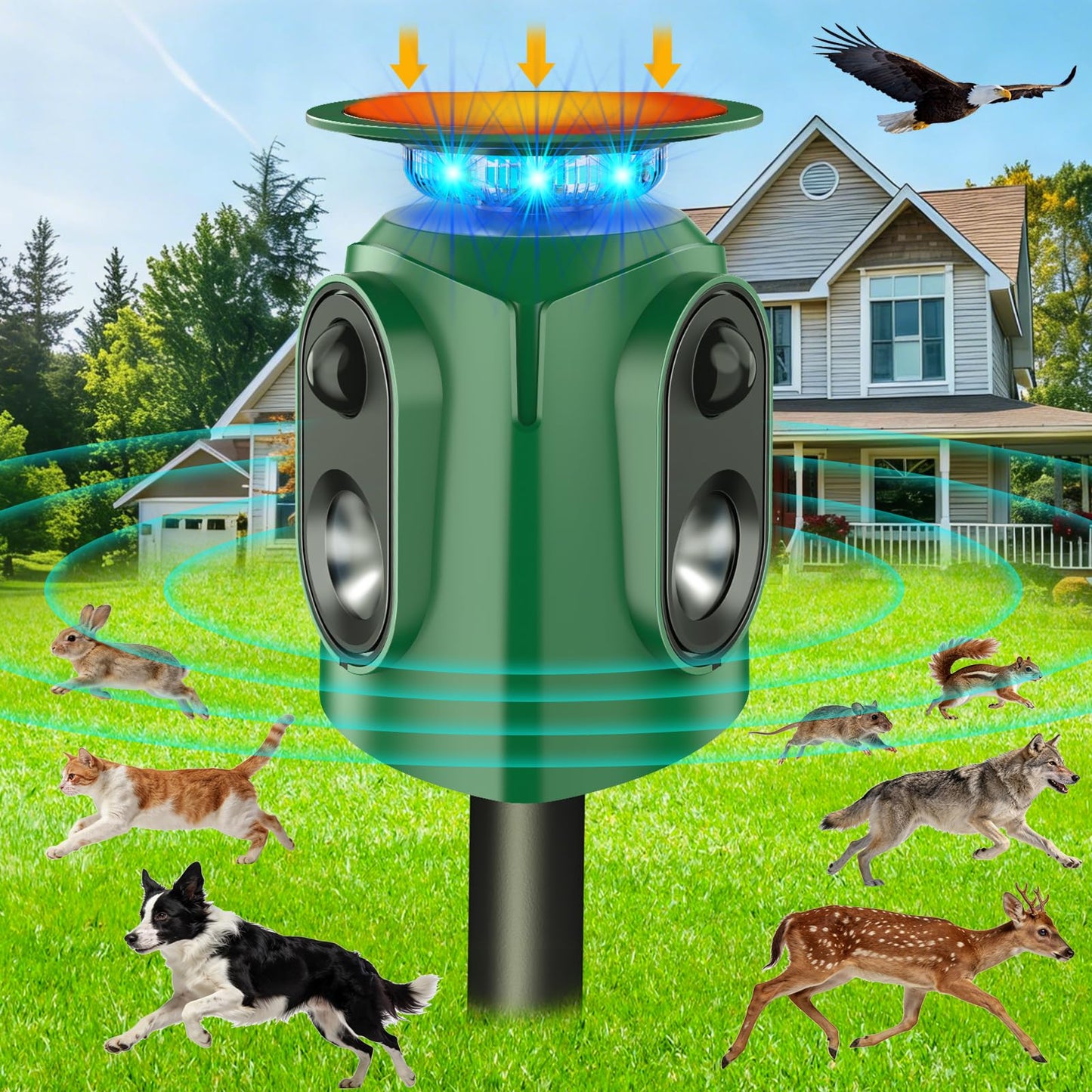 Ultrasonic Animal Repeller Outdoor - Cat Repellent Outdoor & Deer Deterrent with PIR Sensor, Solar Powered for 360Â° Protection Against Cats, Deer, Squirrels, Raccoons, Rabbits in Garden, Yard, Farm