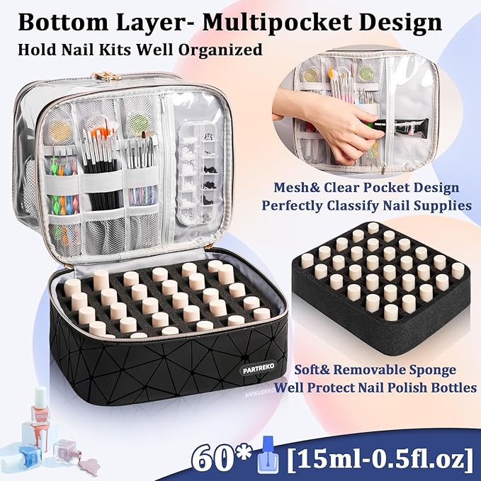 Clear Nail Polish Organizer Holds 60 Bottles (15ml/0.5fl.oz)& Nail Lamp, Double Layer Nail Supplies Organizer Case Transparent, PU Leather Nail kit Storage Bag for Manicure Tools (Black)