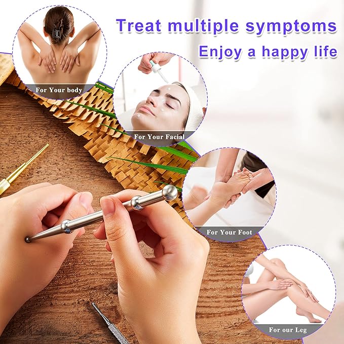 Nuanchu 3 Pieces Facial Reflexology Massage Tool Stainless Steel Manual Acupuncture Pen Retractable Acupuncture, Stainless Steel Double Headed Spring Loaded Ear and Body Point Probe Pen(Gold)