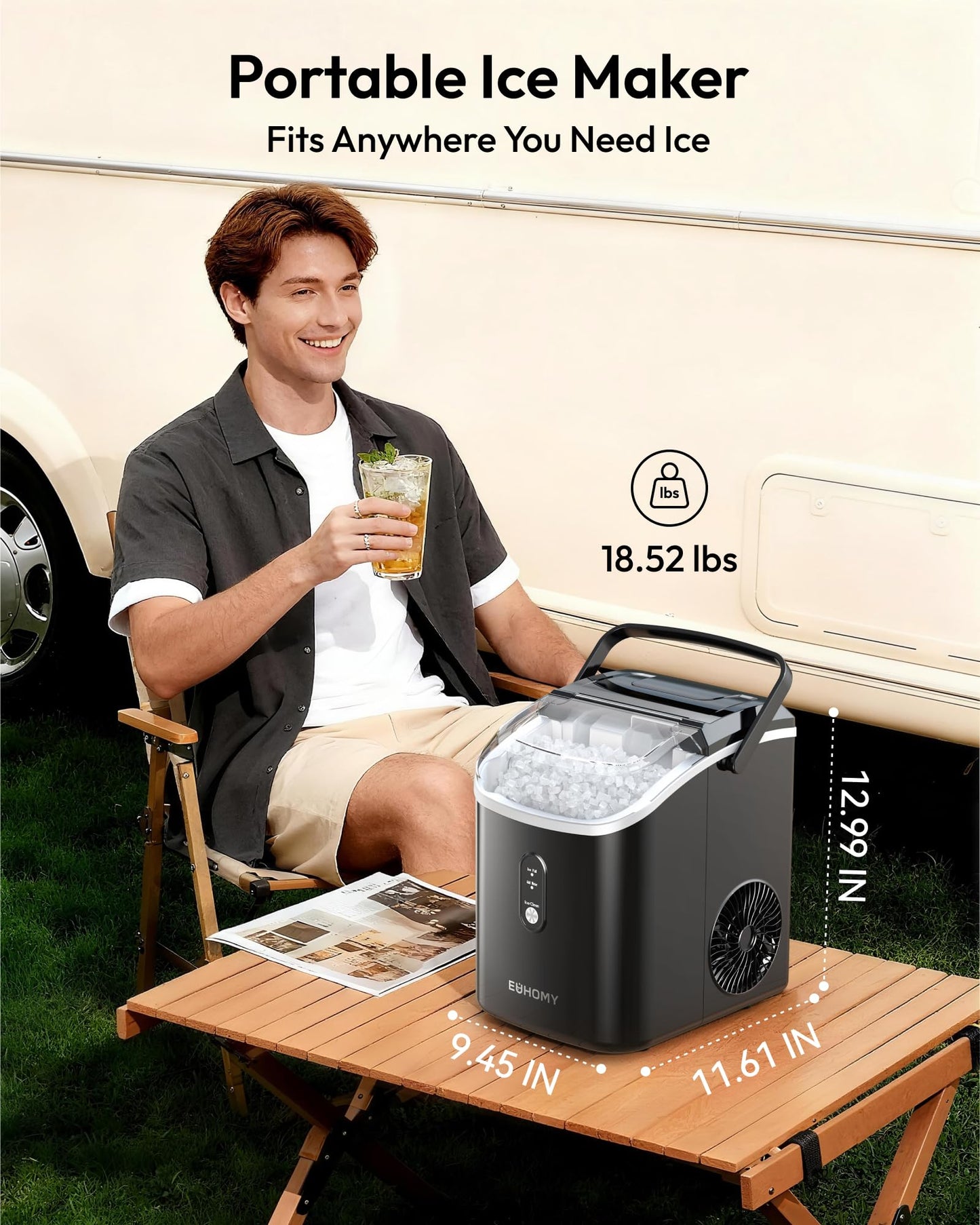 EUHOMY Nugget Ice Maker Countertop with Handle, Ready in 6 Mins, 38lbs/Day, Removable Top Cover, Self-Cleaning, Portable Chewable Ice Maker with Basket, Scoop, for Home/RV/Party/Camping (Black)