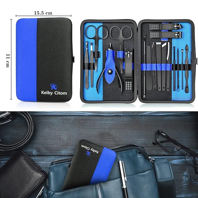 Professional Stainless Steel Nail Clipper Travel & Grooming Kit Nail Tools Manicure & Pedicure Set of 18pcs with Luxurious Case (Black/Blue)