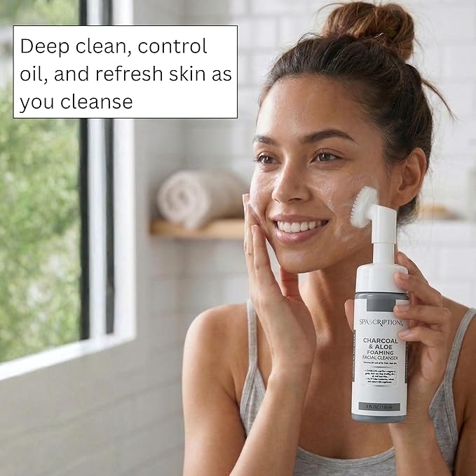 SpaScriptions 2 in 1 Cleanse & Exfoliate Foaming Facial Cleanser - Charcoal & Aloe Face Wash with Silicone Brush for Deep Cleansing & Oil Control with Hydration Support for Daily Cleansing, 5 oz