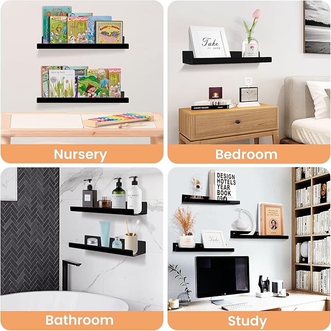 upsimples Acrylic Shelves for Wall Decor, 15" Display Shelf Perfume Organizer for Bathroom, Bedroom, Living Room, Floating Bookshelves for Kids, Black, 4 Pack