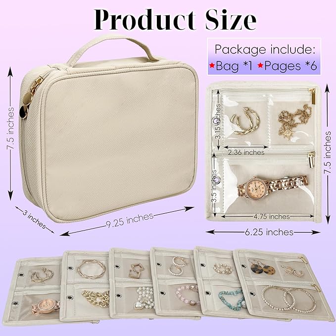 Travel Jewelry Organizer Case,Jewelry Bags Jewelry Storage Book Binder with Clear Zipper Velvet Pouch for Traveling,Earrings, Rings, Necklace, Bracelet (White)