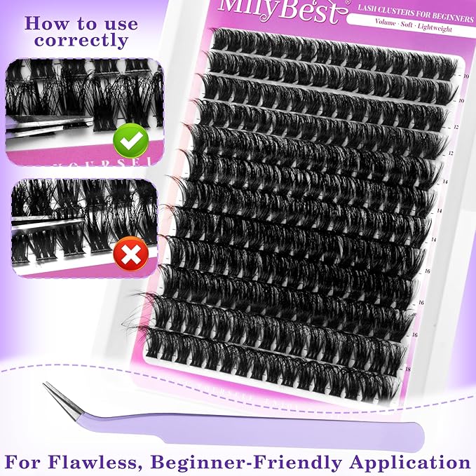 MilyBest Lash Clusters Kit 564Pcs Eyelash Clusters Lashes Wispy Cluster Eyelash Extensions Kit 3 Styles Fluffy Lashes Clusters 10-18mm Volume DIY Individual Eye Lash Clusters Lash Box with Bond&Seal