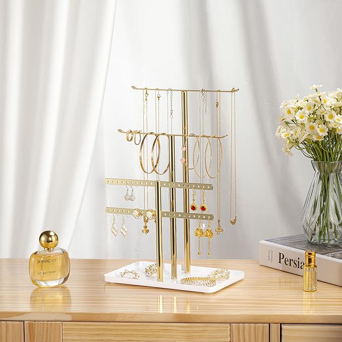 pickpiff Jewelry Stand Holder Organizer: 12.5" Sturdy Hanger for 80 Pcs Jewelry, Jewlery Tower for Display Necklace, Earring, Bracelet, Watch, Mirrored Gold