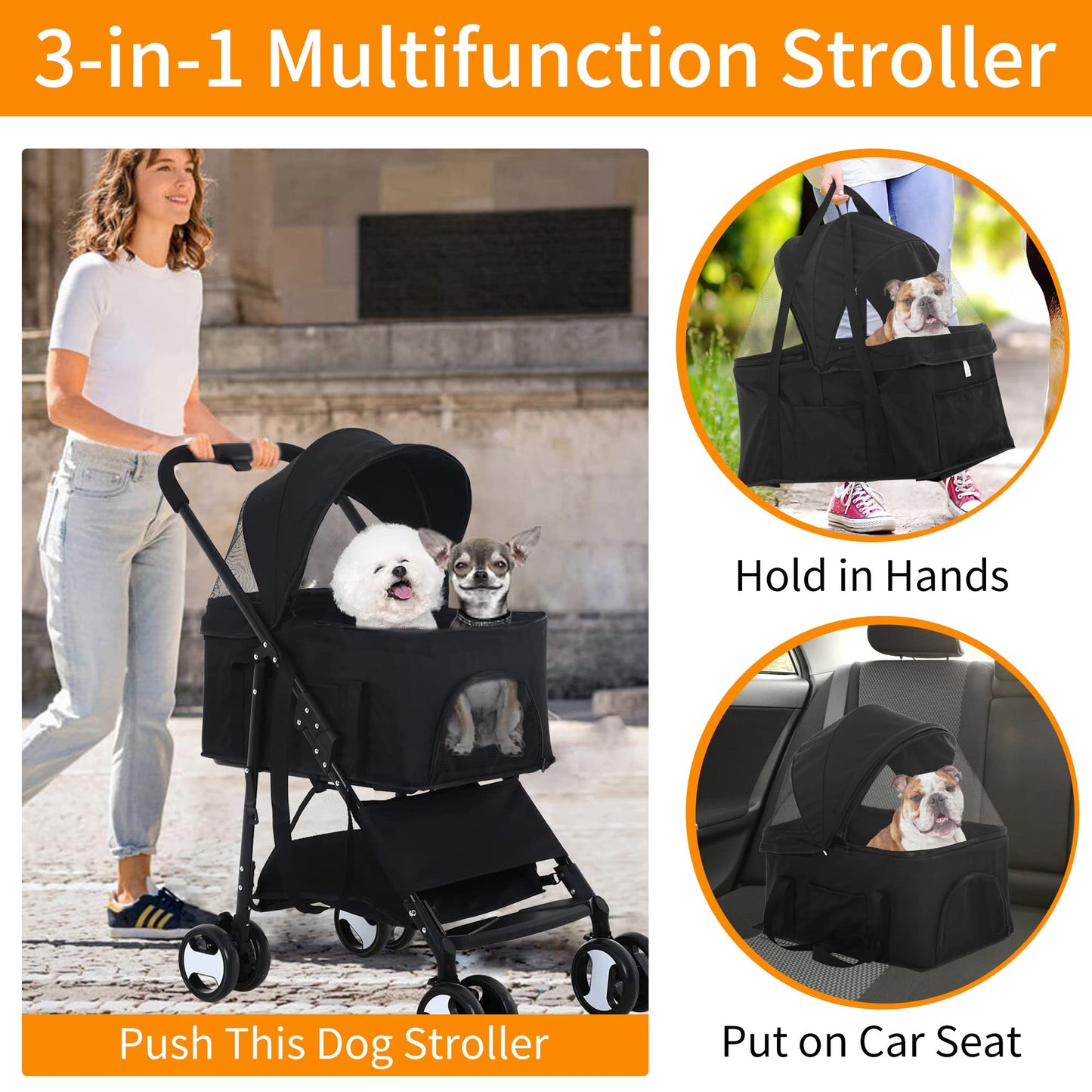BLKMTY Dog Stroller 3-in-1 Folding Pet Stroller 4 Wheels Cat Strollers w/Storage Basket Dog Carrier Trolley One-Button Switch Travel Strollers with Safety Belt Detachable Carrier, Black