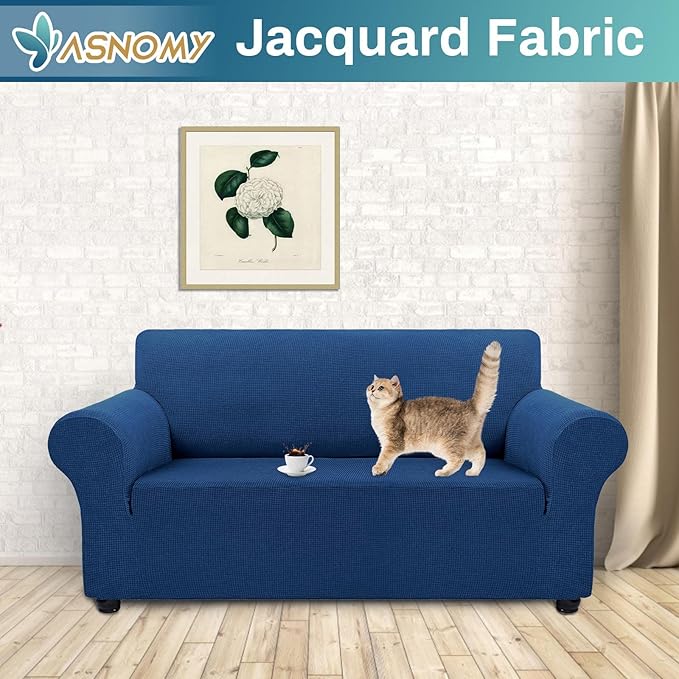 Asnomy Sofa Covers for 2 Cushion Couch Stretch loveseat Covers Slipcovers, Pet Protector Furniture Covers for Dogs Cats Spandex Jacquard Fabric Small Checks （Medium，Classic Blue）