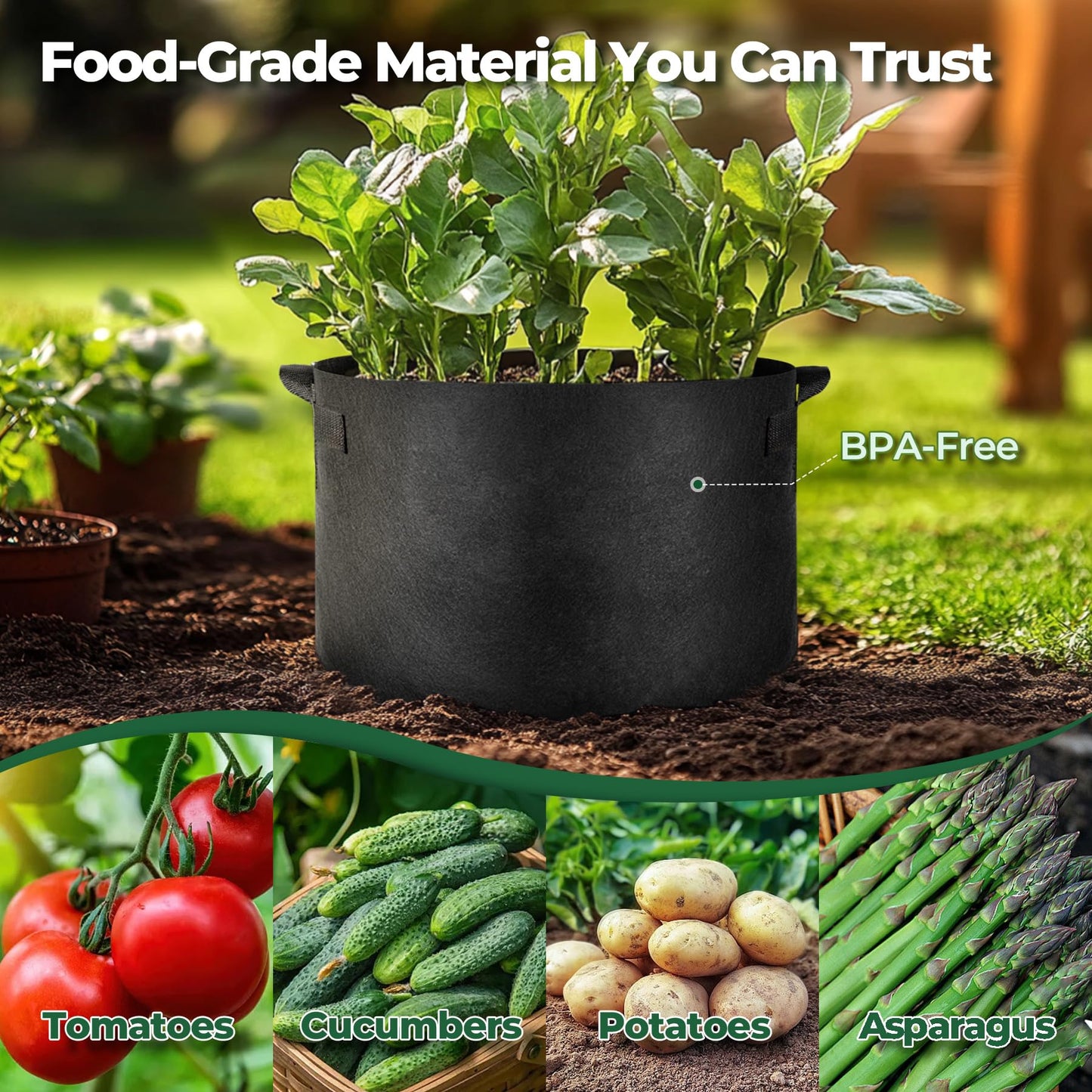 T4U Fabric Plant Grow Bags with Handle 15 Gallon Pack of 5, Heavy Duty Nonwoven Smart Garden Pot Thickened Aeration Nursery Container Black for Outdoor Potato, Tomato, Chili, Carrot and Vegetables