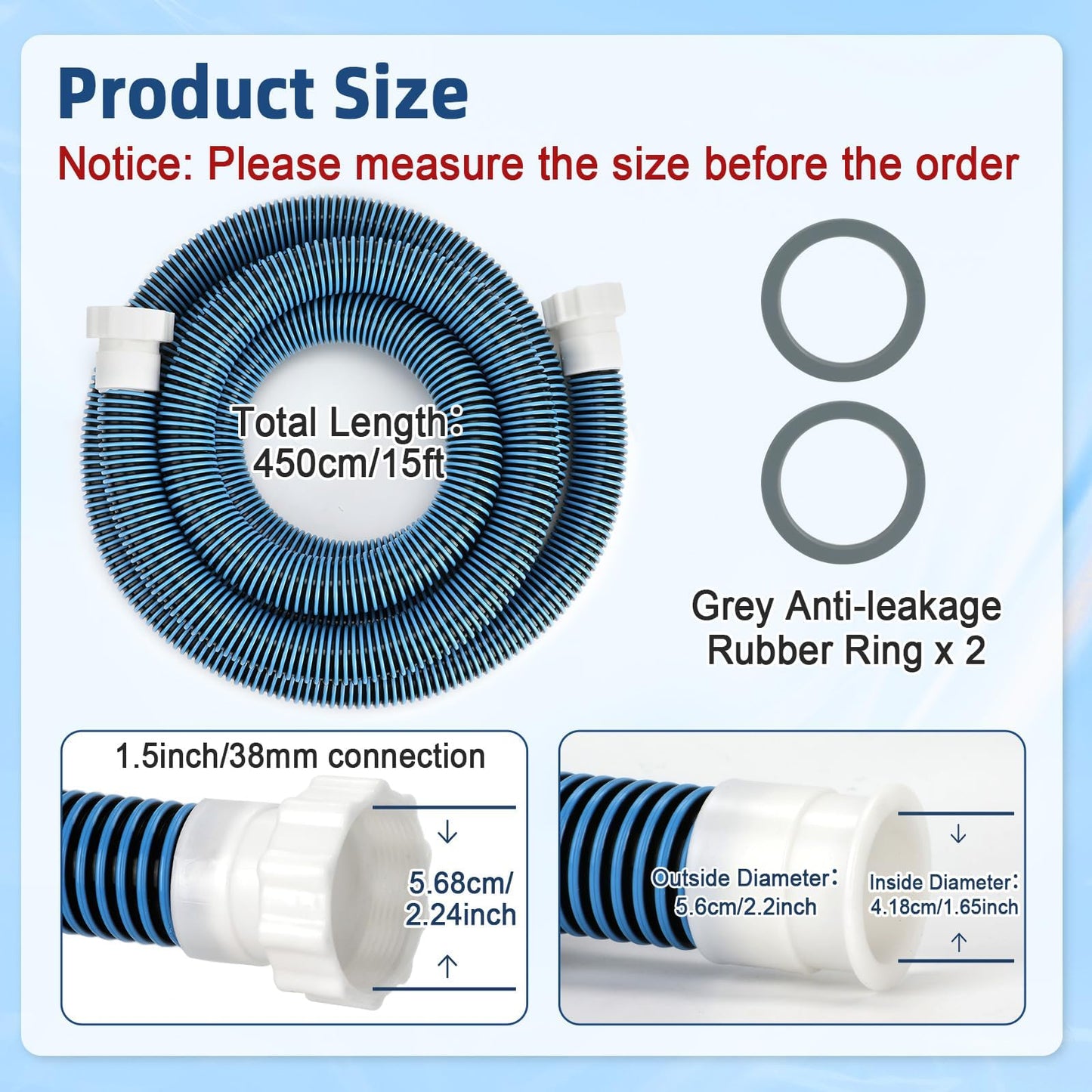 Conderyang 15ft 1 1/2" Pool Hose for Above Ground Pools 15ft Long Pool Pump Replacement Filter Hoses 1.5" EVA Swimming Pool Filter Hose for Filters Pumps, Saltwater Systems and Sand Filters (Blue)