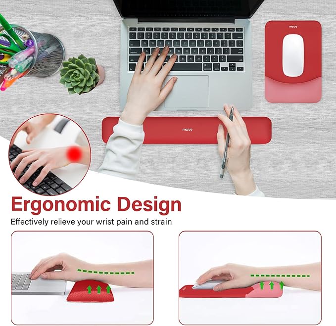 MOSISO Wrist Rest Support for Mouse Pad&Keyboard Set, Rectangular Ergonomic Mousepad Non-Slip Base Home/Office Pain Relief&Easy Typing Pad with Neoprene Cloth&Raised Silicone Lining, Red