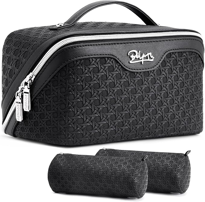 BOYATU Travel Makeup Bag Cosmetic Bags for Women: Large Capacity 3 Pcs Set Make up Bag with Compartments - Waterproof Vegan Leather Toiletry Organizer Bags with Handle (M-71Black)