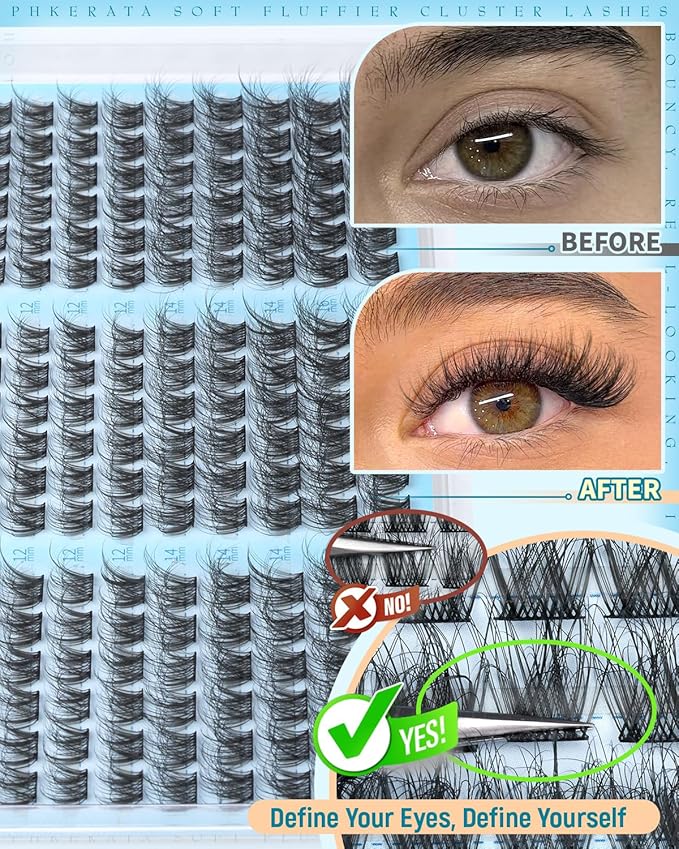 PHKERATA Wispy Lash Clusters Natural Eyelash Clusters 180Pcs Cluster Eyelash Extensions C Curled Cluster Lashes DIY Individual Lashes Soft Eye Lash Extension with Ultra-thin Band, 10-16MM