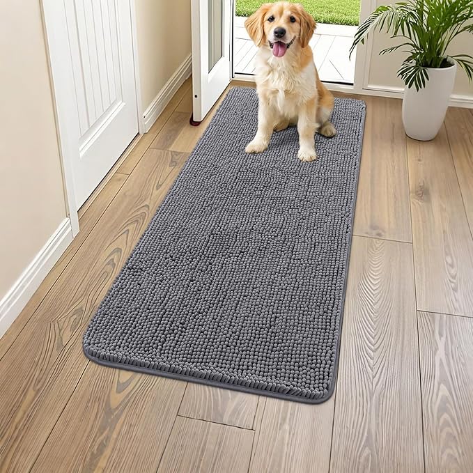 Smiry Dog Door Mat for Muddy Paws 44x24, Absorbs Moisture and Dirt Doormat, Non-Slip Washable Quick Dry Chenille Front Door Mat Indoor Entrance, Entryway Carpet for Inside Floor, Dark Grey