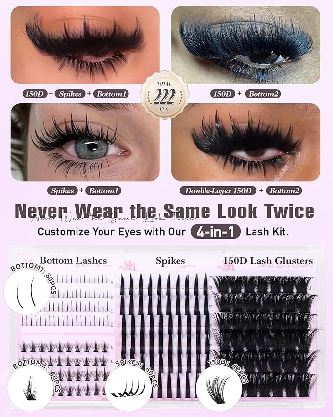 Lash Clusters with Spikes Wispy Cluster Eyelash Extensions with Bottom Lashes D Curl 150D Eyelash Clusters Volume Cluster Lashes 222PCS Fluffy Individual Lashes by Boahankuke