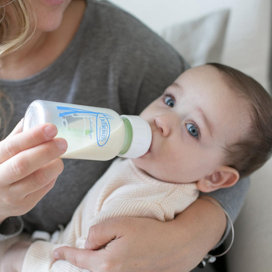Dr. Brown's Anti-Colic Options+ Narrow Glass Baby Bottle with Level 1 Slow Flow Nipple, BPA-Free, 4 oz/120mL, 0m+, 2-Pack (Packaging May Vary)