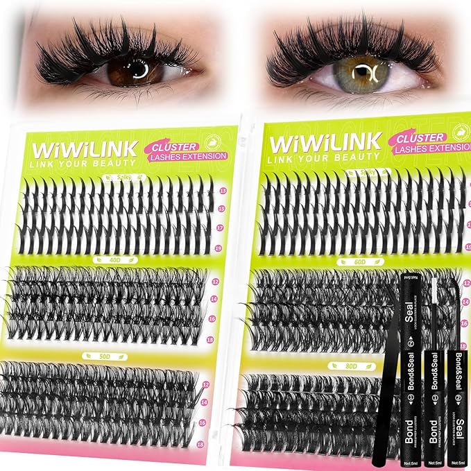 Lash Clusters Kit 40D+50D+60D+80D Individual Spikes Lashes 480 PCS 12-18mm Spiky Manga Eyelash Clusters D Curl DIY Eyelash Extension Kit with Cluster Lash Bond & Seal for Anime Eyelashes by WiWiLINK