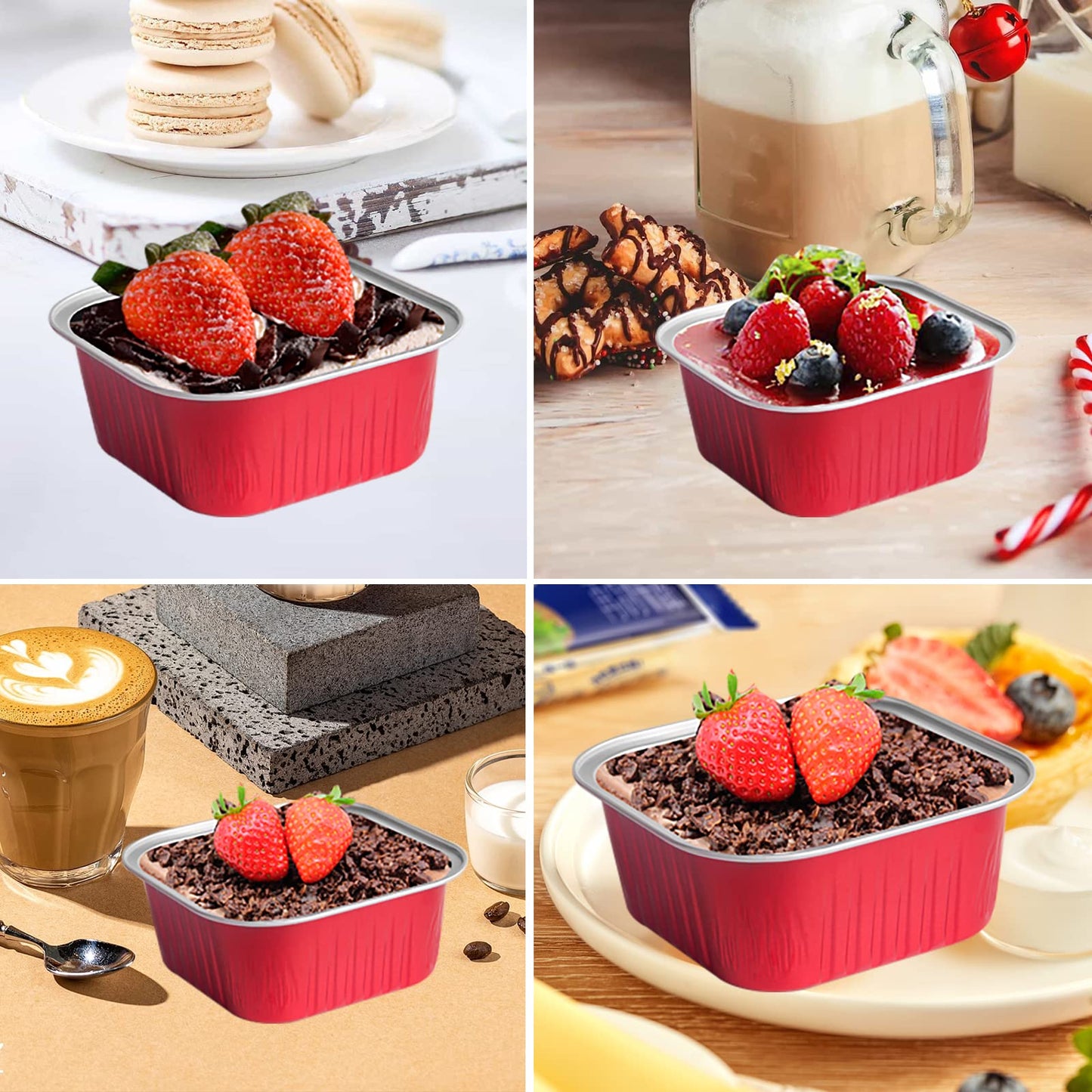 50 Pcs Mini Square Baking Cups with Lids,10oz Aluminum Foil Mini Cake Pans with Lids,Disposable Ramekins Cake Pans,300ml Dessert Cups Cupcake Pans for Wedding Birthday Party,Red