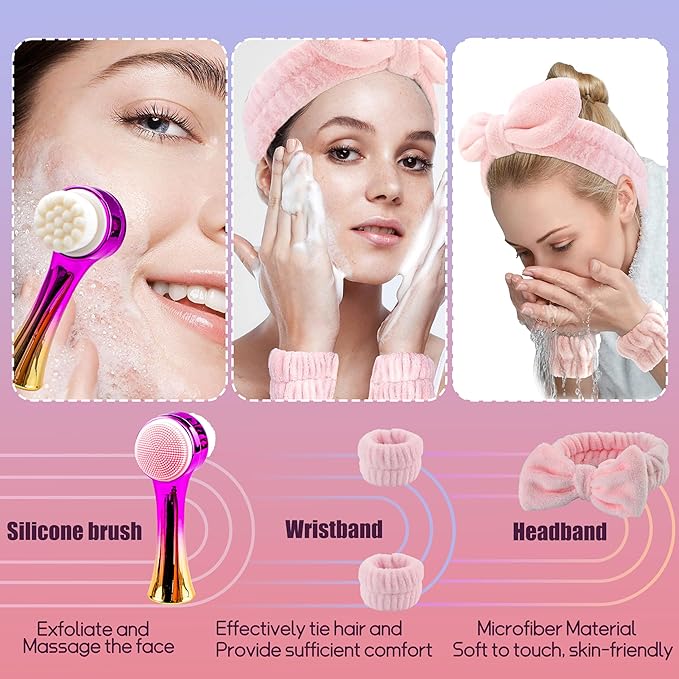 Facial Cleansing Brush 2 in 1Double-Sided Facial Cleaning Brush with Soft Bristles for Deep Pore Exfoliation, Wash Makeup, Massaging (Gold&Pink 5PCS)