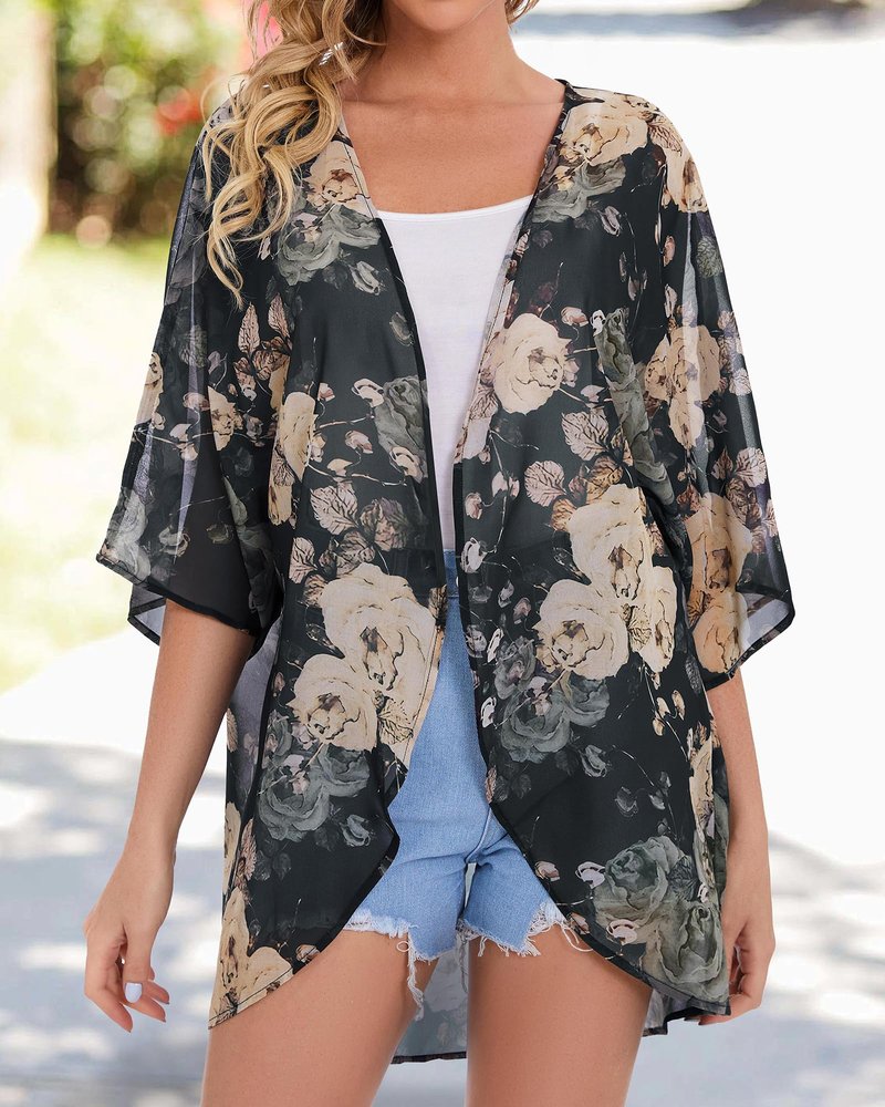 Womens Floral Tops Short Sleeve Casual Summer Loose Cover ups Shirts (Black Khaki Floral, L)