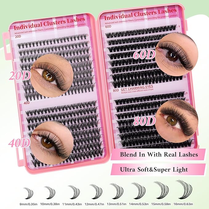 Lash Clusters Kit DIY Lash Extension Kit Cluster Lashes Mix 9-16mm Eyelash Extension Kit Individual Lashes with Lash Bond and Seal,Lash Tweezers,Mascara Brush(20D+40D+60D+80D Kit)