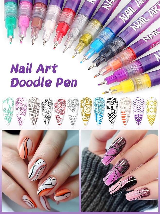 12 Color Acrylic Paint Pen Set, Kalolary Nail Art Polish Pens Nail Point Graffiti Dotting Pen Drawing Painting Liner Brush for DIY Nail Art Beauty Adorn Manicure Tools