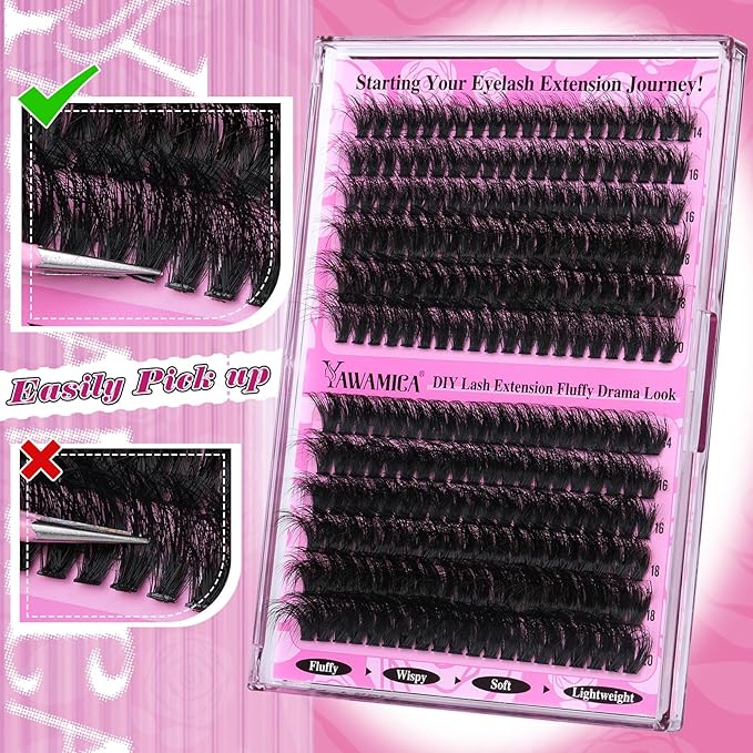 Yawamica Wispy Individual Lashes Clusters Fluffier Eyelash Extension 150D+200D Thick Volume Eyelash Clusters 14-20mm D Curly Lashes 240pcs DIY Lash Extension for Beginners, Black