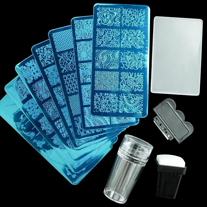 AddFavor Nail Stamper Kit 7pcs Nail Stamping Plates Geometric Mandala Flower Nail Stencils with 2 Stamp and 2 Scraper for Home Salon Manicure Design Supplies Tools