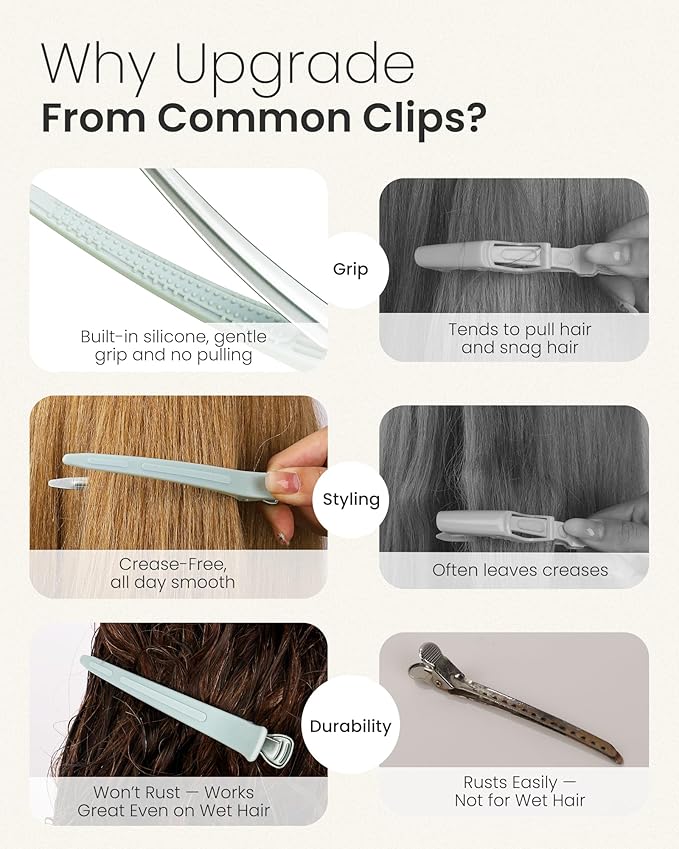 AIMIKE 4.8" Hair Clips for Styling – Built-In Silicone Band Duckbill Hair Clips, No-Crease Sectioning Clips for Thick, Curly Hair, Ideal for Makeup, Hairstyling & Rollers, 6-Pack, Sage Green