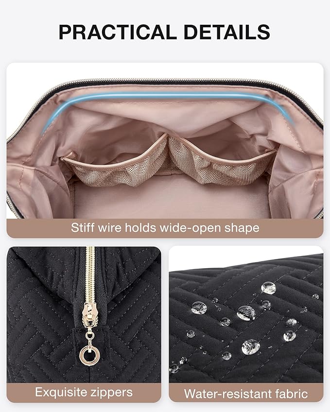 BAGSMART Travel Makeup Bag, Cosmetic Bag Make Up Organizer Case,Large Wide-open Pouch for Women Purse for Toiletries Accessories Brushes Black
